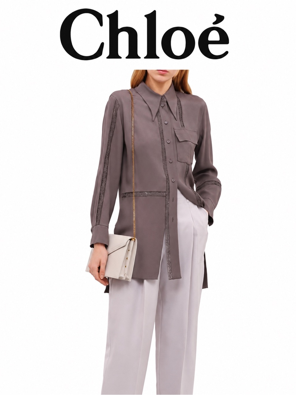 Blouse Chloé taupe avec détails de dentelle taille 42 FR fabriquée en France